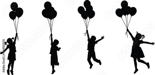 Silhouette illustration of joyful children holding balloons and flying in the air showing freedom, happiness, and playful childhood moments