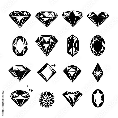 Vector set of black and white diamond and gemstone shapes. Various precious stone cuts for jewelry design, luxury, sparkle, and elegance concepts