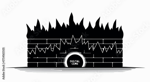 Digital firewall protecting against cyber threats with abstract flame graphics.