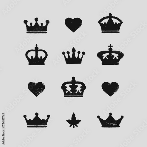 Distressed black crown, heart, and leaf silhouettes set. Grunge style graphic design elements, vintage royal and love symbols collection.