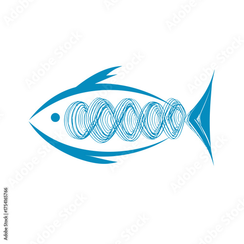 Abstract blue fish with DNA helix pattern, symbolizing marine genetics, evolution, and aquatic biology. Scientific concept.