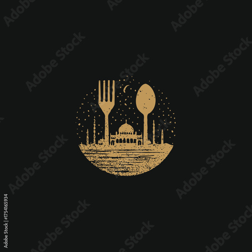 Golden silhouette of exotic architecture, like a mosque or temple, nestled between a fork and spoon under a starry night sky with a crescent moon. Cultural food dining concept.