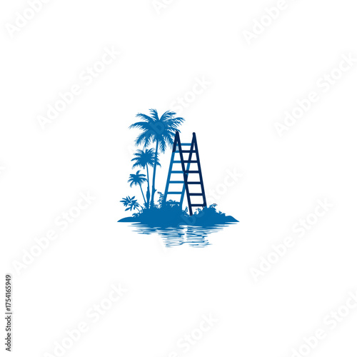 Stylized blue silhouette of a tropical island with palm trees and a ladder, symbolizing success, escape, adventure, or a dream destination.