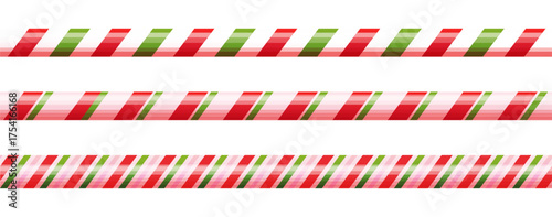 Candy cane border christmas decoration, holiday sweet seamless decor.Stripes green, red and pink color, thin and thick. Retro stick, lollipop, candycane. 