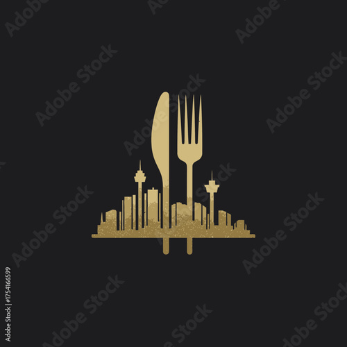Abstract golden cityscape with knife and fork silhouette, symbolizing modern urban dining, gourmet cuisine, and restaurant culture.