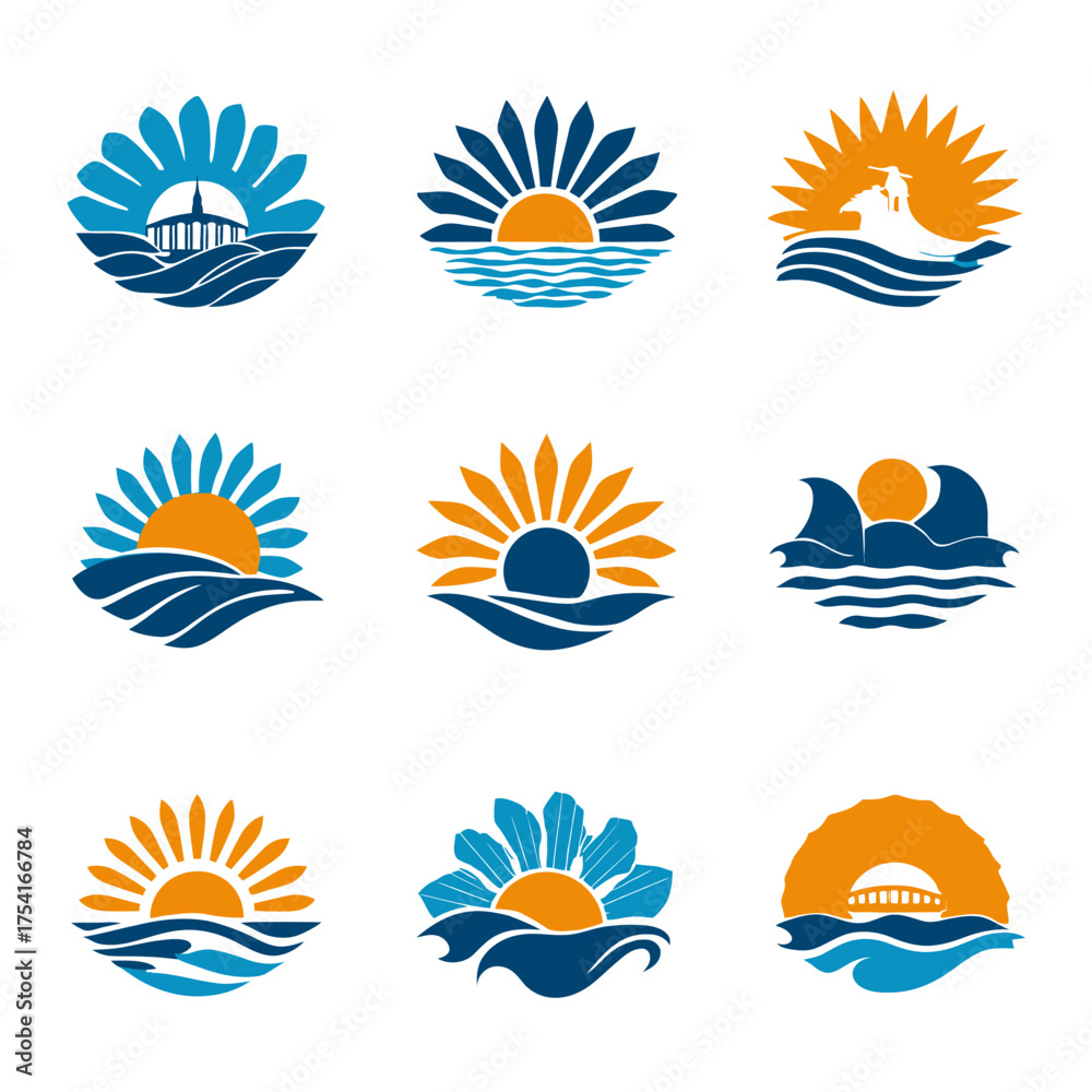 Obraz premium Collection of sun and wave abstract logos, icons, and emblems for travel, vacation, beach, summer, ocean, and tropical resort designs.