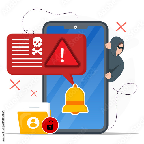 Alert notification for hacker trying to stealing personal data on smartphone. Cyber attack concept.