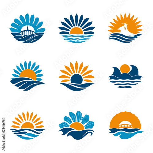 Collection of sun and wave abstract logos, icons, and emblems for travel, vacation, beach, summer, ocean, and tropical resort designs.