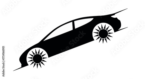 Sleek black car silhouette driving uphill with sun-like wheels