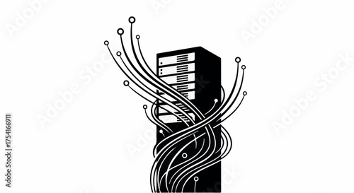 Modern server rack entwined with glowing digital data streams, representing connectivity and technology.