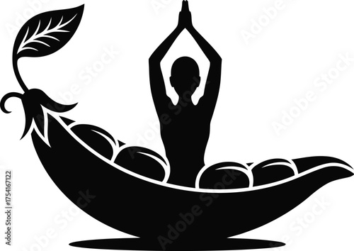 Person meditating peacefully inside a stylized pea pod silhouette