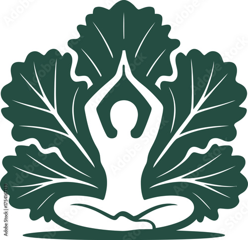 Person meditating peacefully inside a large stylized leaf silhouette