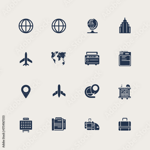 Travel and Business Trip Icons Collection: Global Navigation, Airport, Vacation Planning, and Journey Symbols Set on Light Background