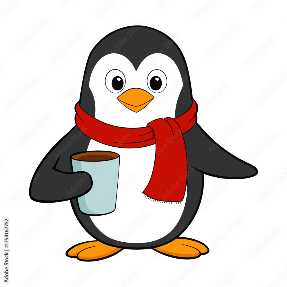 Fototapeta premium funny cartoon penguin wearing a scarf and holding