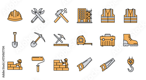 Construction and building icon set. Vector collection of work tools and safety equipment for industry and renovation. Includes hammer, saw, helmet, and worker symbols.