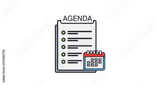 Business agenda checklist with calendar icon, planning schedule concept, organized task list for meetings, daily planner and appointment organizer, productivity and time management illustration