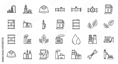 Oil Industry Vector Icons Set, Petroleum Gasoline Pump, Oil Barrel, Refinery Plant, Industrial Equipment, Energy Sector, Environmental Concept, Hard Hat, Wrench, Factory Line Art