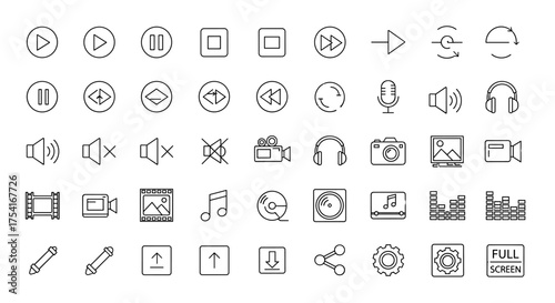 Multimedia Icon Set with Audio, Video, Music, Playback, Volume, Share, and Settings Symbols for Digital Media Interface and Streaming Applications Vector Outline