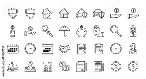Business and finance icon set collection with shields, houses, cars, money, handshake, calendar, clock, documents, calculator, percentage, and people icons for corporate and insurance concepts