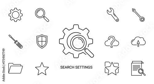 Vector set of technology and system icons for search, settings, tools, protection, cloud computing, document analysis, folders, favorites, user interface and data management concept
