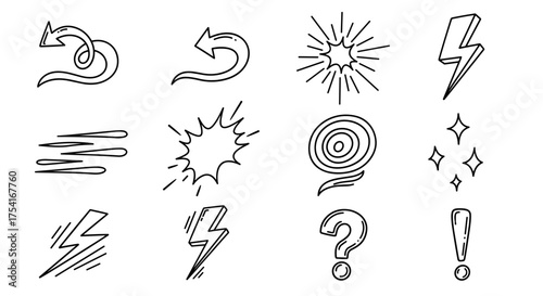 Hand-drawn comic style lightning bolts, arrows, spark, question and exclamation marks, motion lines, explosion and sparkle effects, doodle vector icons for dynamic design and creative emphasis