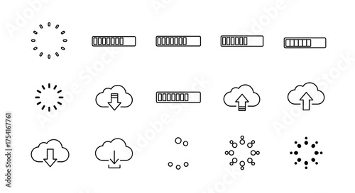 Loading and uploading progress icons set, circular and bar loading animation, cloud download and upload symbols, digital media buffer indicators, internet data transfer UI elements vector collection