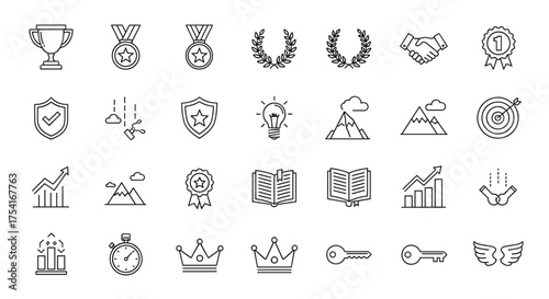 Business achievement icons set including trophy, medals, laurel wreath, handshake, shield, light bulb idea, mountains, target, crown, key, stopwatch, and growth charts vector line art