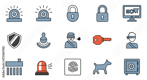 Security and protection icon set. Home alarm system, burglary, and crime prevention symbols. Vector icons for thief, cctv, surveillance, fingerprint, lock, key, and safe.