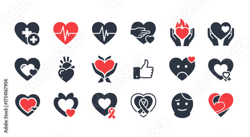 Heart and health care vector icons collection, medical heart symbols with pulse, love and care concepts, support and health awareness, hands holding heart, awareness ribbons and positive emotions