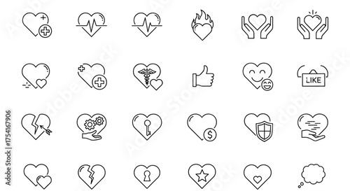 Set of Heart and Love Line Icons with Medical, Health, Emotion, Protection, Like, Broken Heart and Security Symbols for Social and Medical Concept