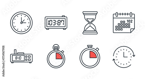 Time and clock line icon set. Watch, timer, calendar, schedule, and deadline symbols. Editable stroke vector illustration for web design, business concepts, and time management.