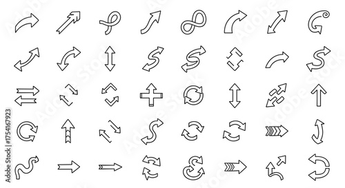 Diverse set of hand-drawn arrow symbols and directional indicators with curved, straight, double-sided, looping, and swirling designs for navigation, flowcharts, or concept illustrations