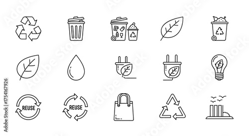 Ecology and recycle thin line icon set. Environment protection, green energy, waste sorting, and sustainability symbols. Eco friendly conservation vector icon collection.