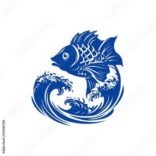 Dynamic blue fish jumping out of crashing ocean waves illustration. Aquatic wildlife vector graphic design element, marine animal concept art.