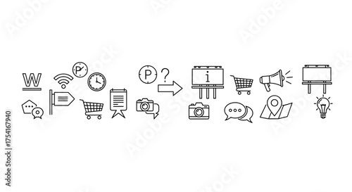 Business icons set including shopping cart, clock, Wi-Fi, speech bubbles, camera, megaphone, location map, light bulb, and information board vector collection for commercial use