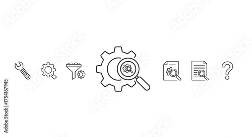 Vector set of technology and service icons including wrench, gear search, filter, document analysis, and question mark symbols for digital and technical support concepts