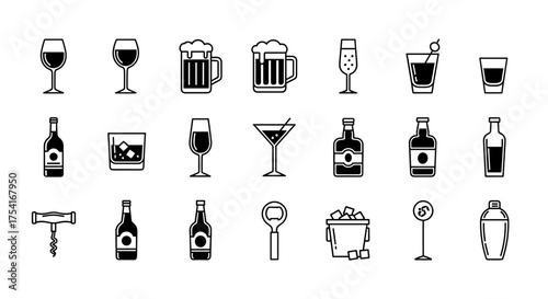Black and white line vector icons set of alcoholic drinks, cocktails, wine glass, beer mug, champagne, whiskey glass, bottles, corkscrew, ice bucket, bar tools, and shaker illustration collection