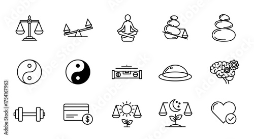 Set of wellness, balance, and harmony icons including scales, meditation, yin yang, brain gears, fitness, eco balance, finance and love symbols, health and lifestyle concept vector line art