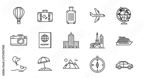 Travel icon collection. Tourism, journey, vacation concepts. Set of line icons for adventure, trip, holiday. Includes airplane, passport, luggage, camera, globe, hotel, Paris, car, ship.