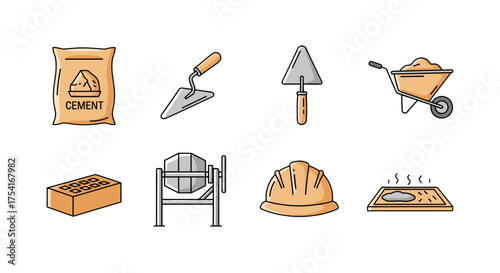 Set of construction icons for building and masonry work. Line art collection. Builder equipment. Cement bag, trowel, wheelbarrow, brick, concrete mixer, hard hat vector.