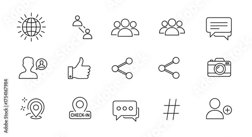 Social media communication thin line icon set. Vector symbols for web and mobile UI. Includes user profile, group, like, share, comment, location, follow, and hashtag icons.