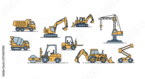 Construction vehicles icon set. Heavy machinery for building industry. Line art collection of excavator, crane, bulldozer, loader, dump truck, and forklift vector illustrations.