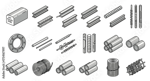 Isometric construction steel products collection. Rolled metal, beam, flange, rebar, pipe, tube, coil, wire, and mesh. Industrial metalwork components for building and engineering.
