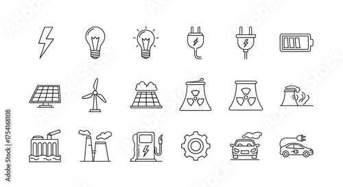 Energy and power generation icon set. Thin line icons for renewable, fossil fuel, nuclear energy sources. Includes solar panel, wind turbine, electric car, and power plant symbols.