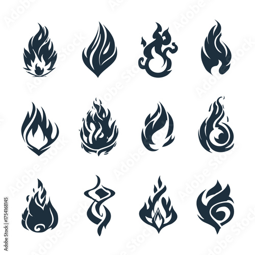 Set of various stylized flame icons, abstract fire silhouettes, creative and decorative vector elements for design projects, inferno, burning, heat symbols collection.