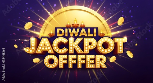 Diwali jackpot offer with glowing text and festive lights, celebrating the indian festival of lights with a grand prize announcement and golden coin