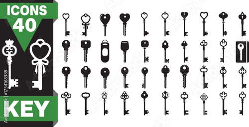 Collection of 40 antique and decorative key icons in a variety of styles and shapes