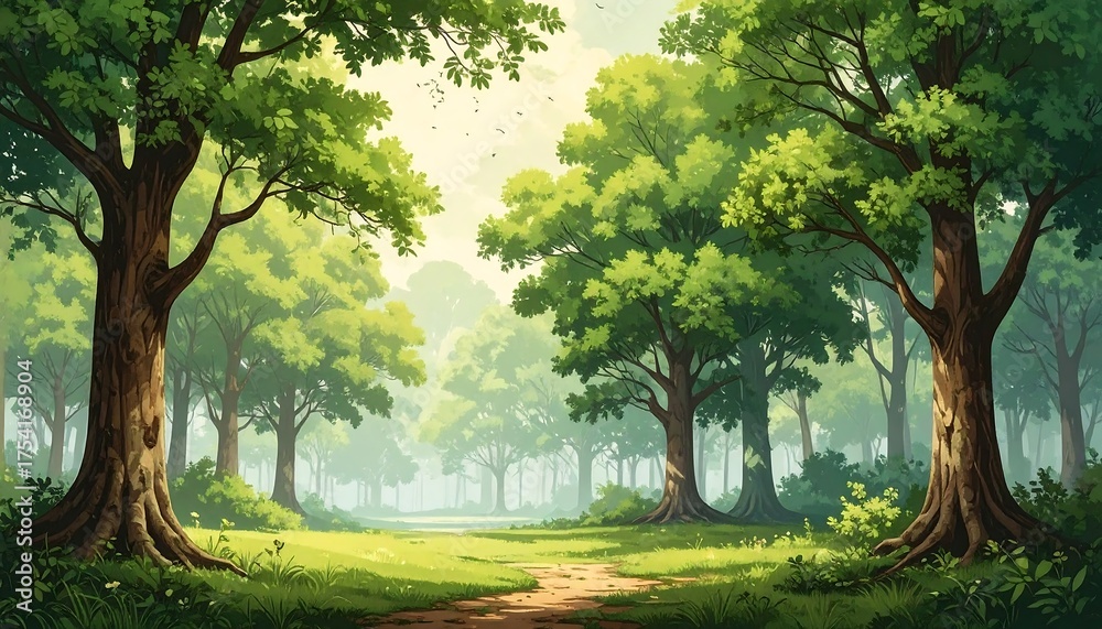 Naklejka premium Lush green forest scene featuring trees, sunlight, and a path