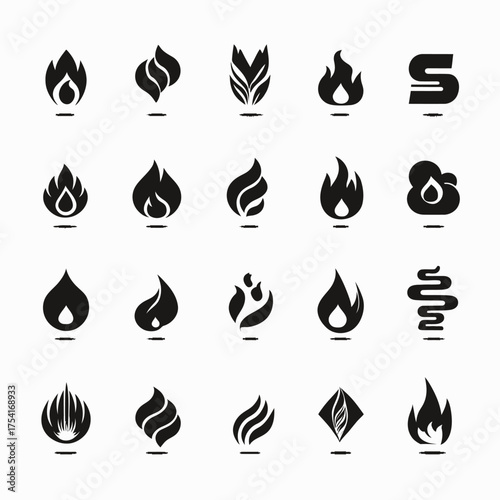 Collection of stylized flame icons and fire symbols on white background, perfect for graphic design elements, energy, heat, and safety concepts.