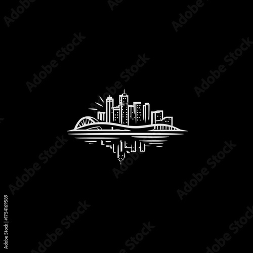 Hand-drawn urban city skyline illustration with modern buildings, bridge, and water reflection, vector art on dark background